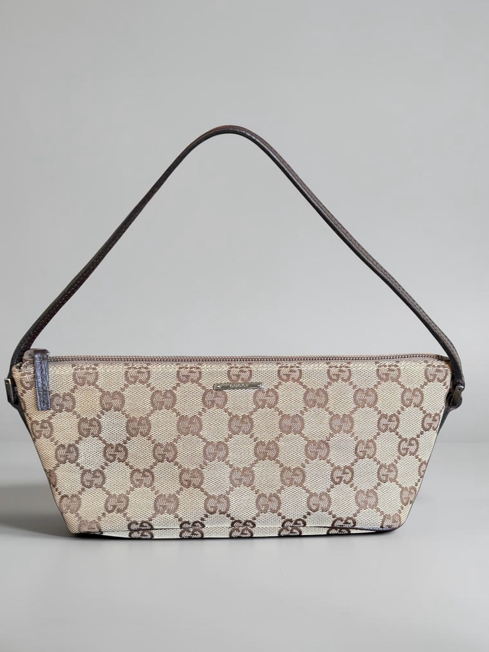 Gucci GG Canvas Boat Bag / Vintage / Pochette / Silver Hardware / Brown Leather